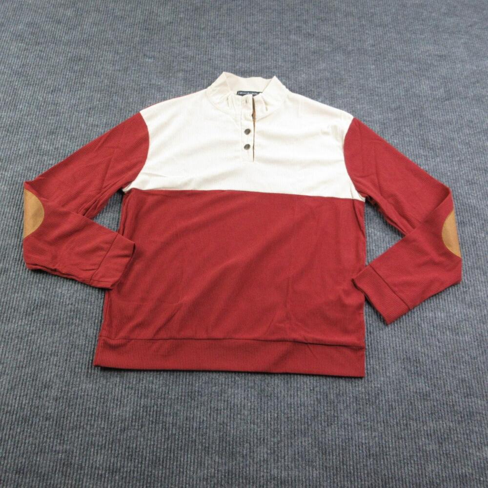 CROSS & CROWN Sweatshirt Mens XL Red Henley Mock Neck Elbow Patch Button NWT